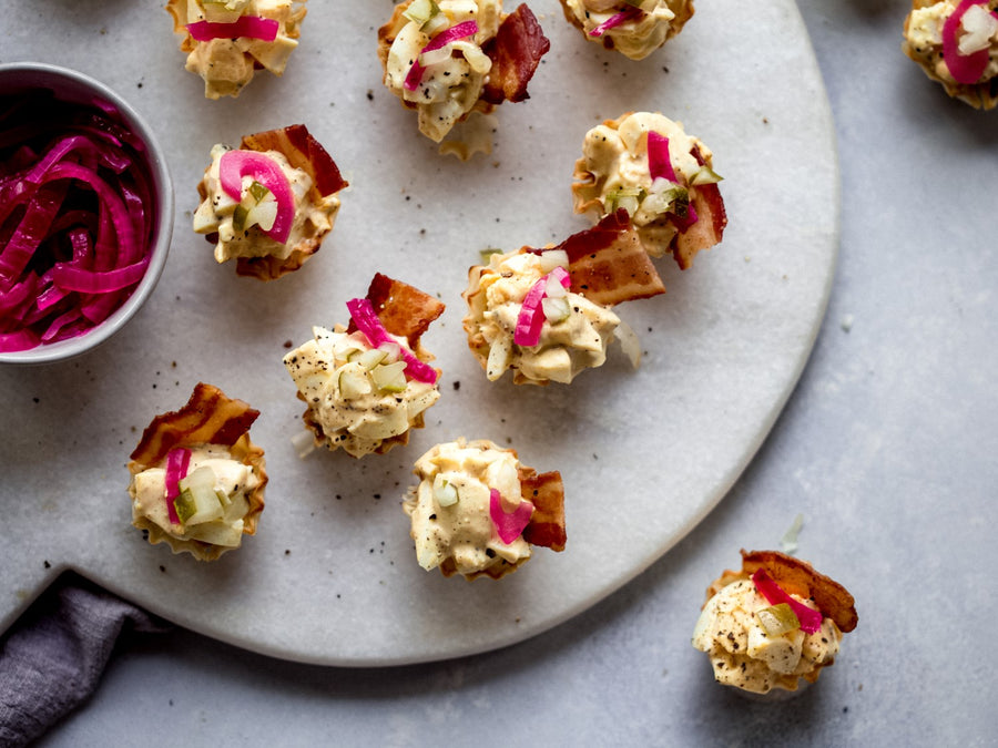 Egg Salad Phyllo Bites with Bacon and Pickled Onions