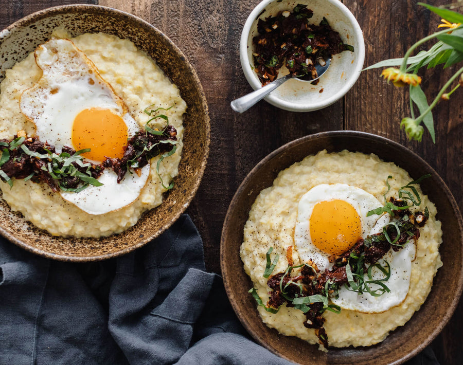 Sweet Corn Polenta With Fried Egg and Sun-Dried Tomato Relish Recipe