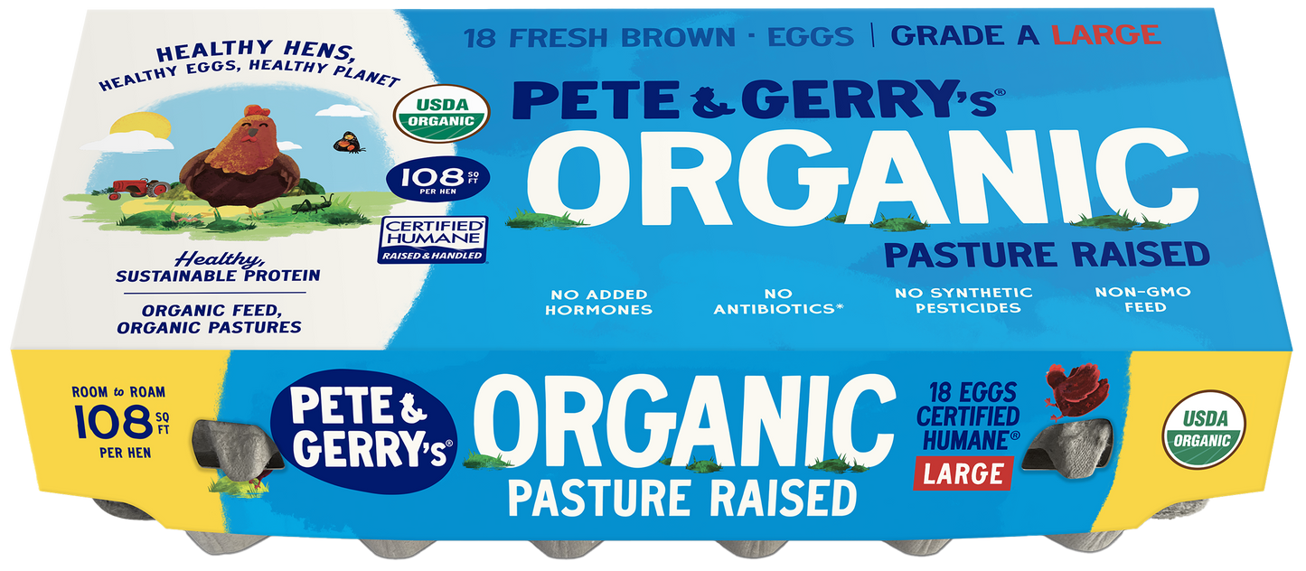 An 18-pack carton of Pete & Gerry's Organic Pasture Raised Eggs.