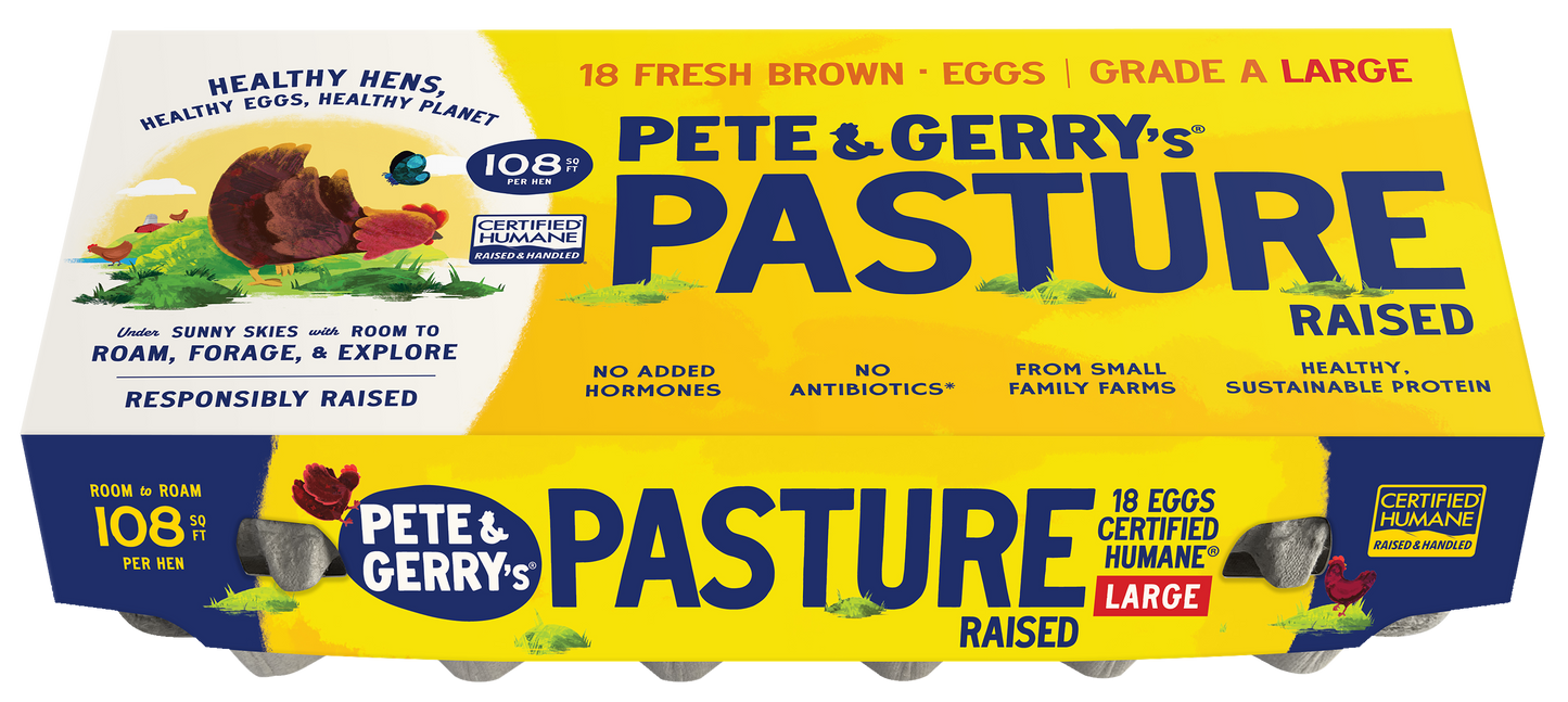 Pete & Gerry's Pasture Raised eggs 18 count packaging with branding and product details.