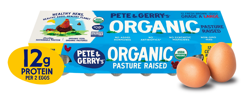 Pete & Gerry's Organic pasture-raised eggs packaging with protein information.