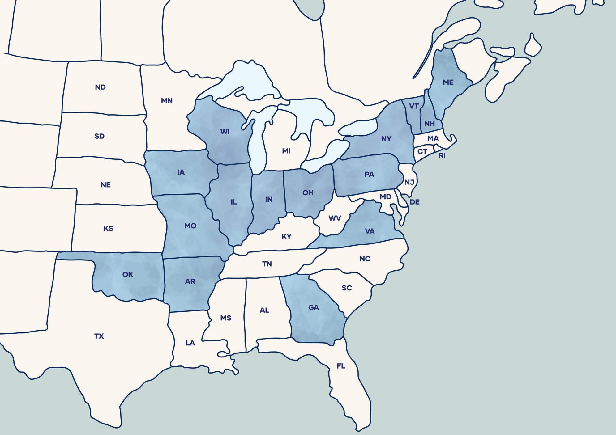 A map of the Eastern half of the US