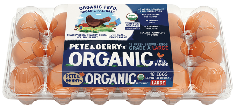 A clear plastic carton of Pete & Gerry's organic eggs