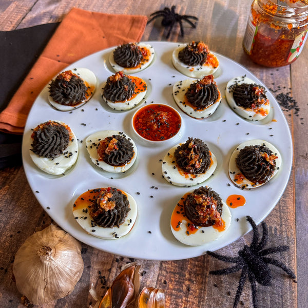 Black Garlic & Black Sesame Deviled Eggs with Chili Crunch