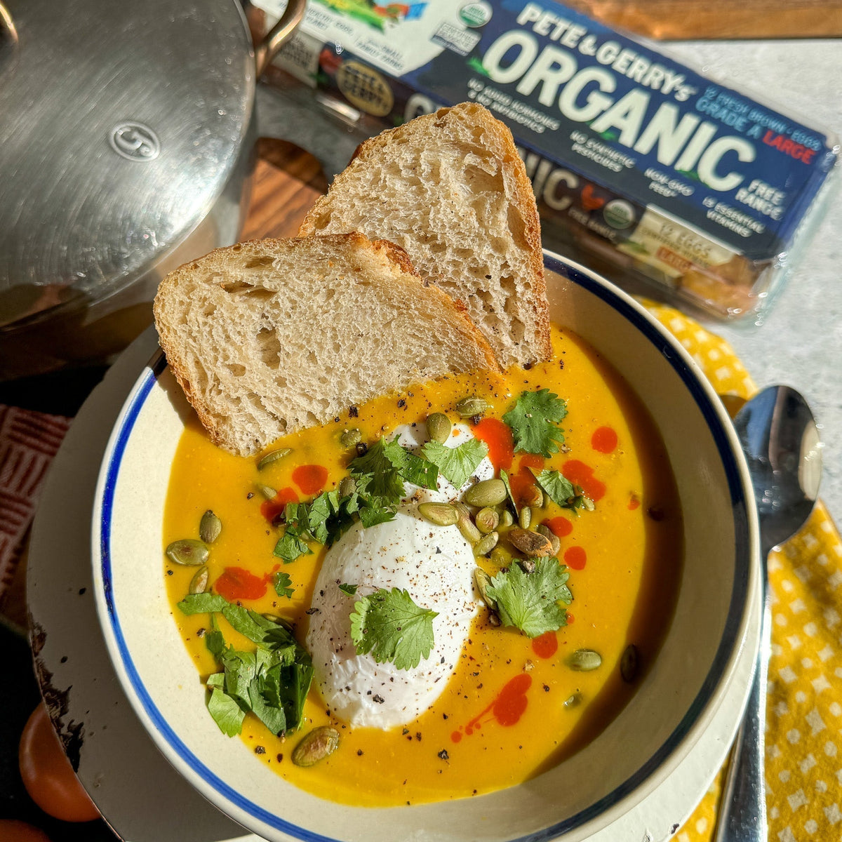 Roasted Butternut Squash Soup with Poached Eggs and Crispy Croutons