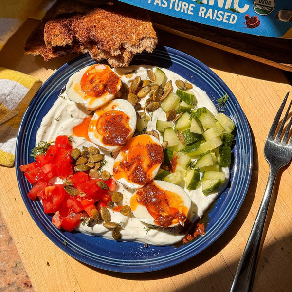 Cilbir, Turkish  Savory Yogurt Bowl with Medium-Boiled Pete & Gerry's Eggs