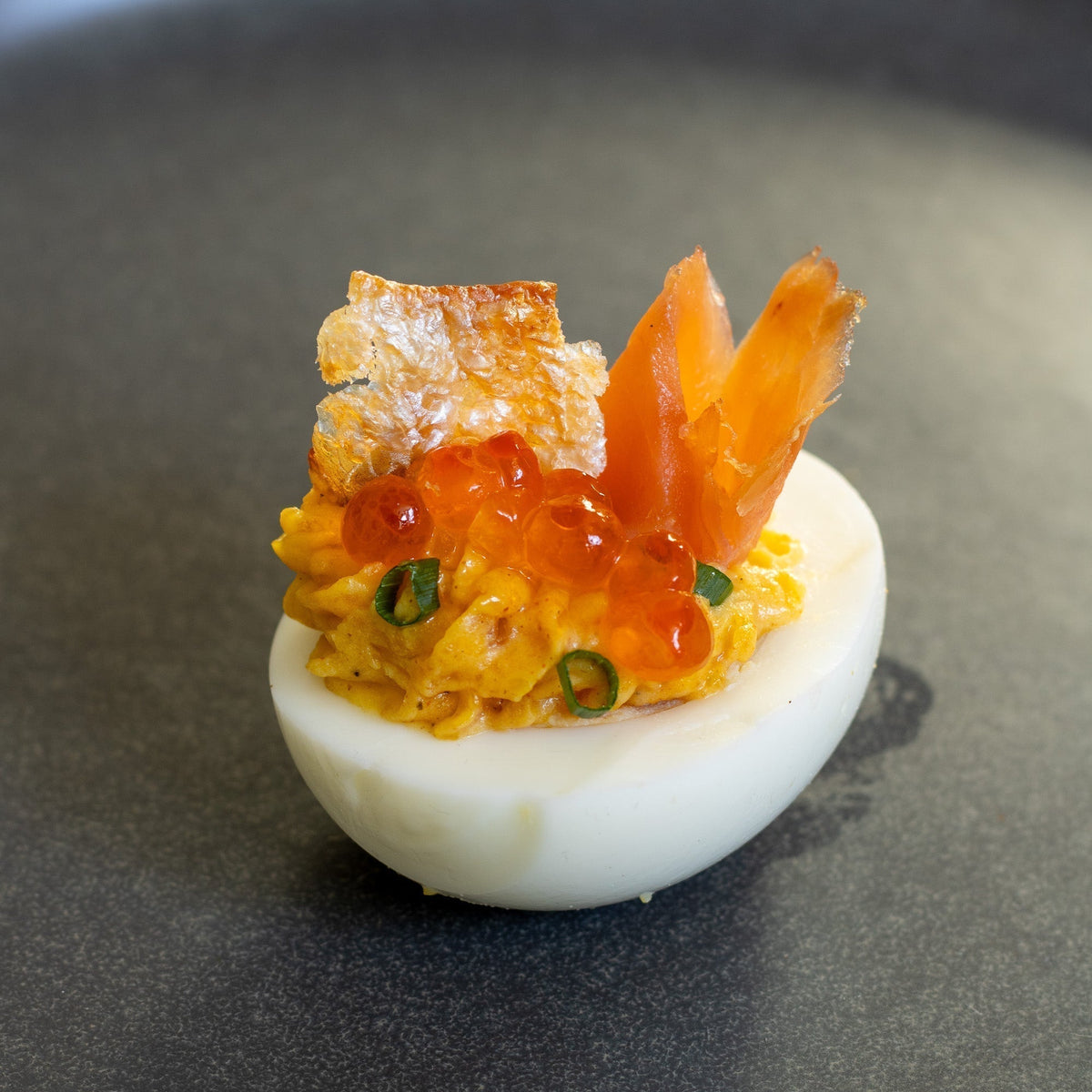 Crispy Salmon Skin & Salmon Roe Deviled Eggs