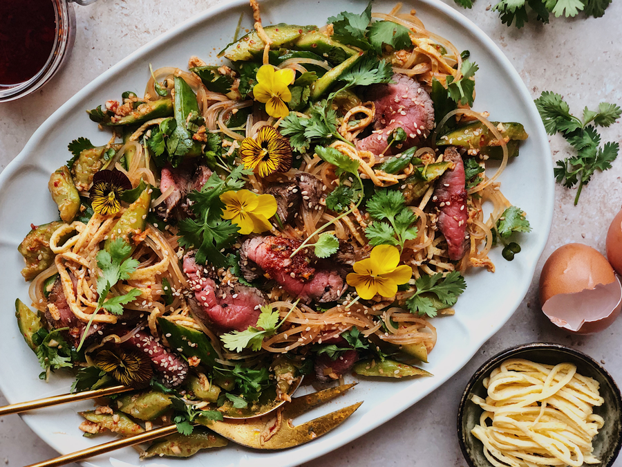 Mala Glass Noodle Salad with Steak, Smashed Cucumbers, and Egg Ribbons