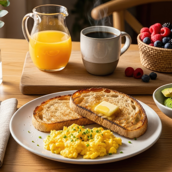 A healthy, complete breakfast with scrambled Pete & Gerry's eggs.