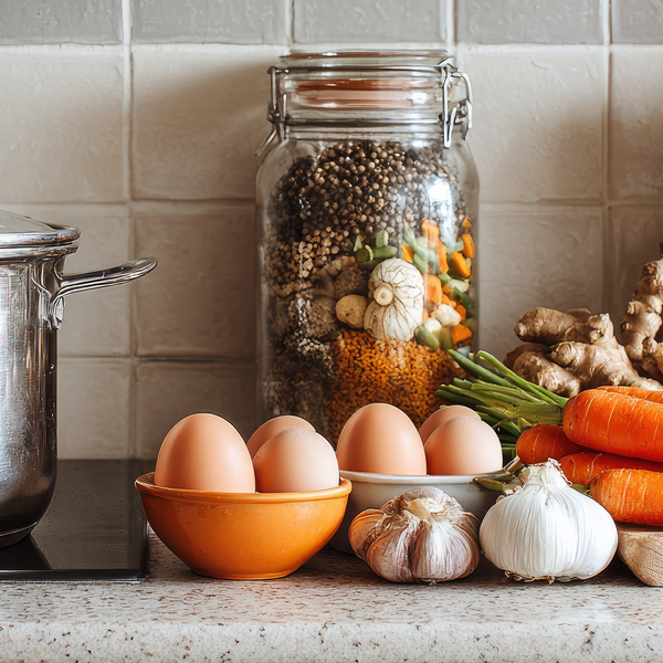 A countertop with fresh ingredients and Pete & Gerry's eggs, ready to cook.