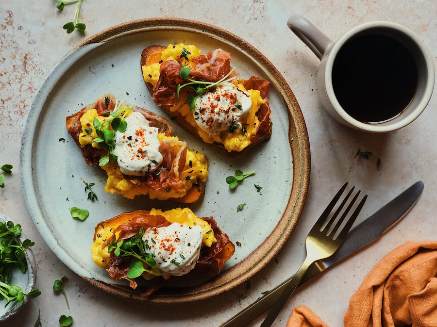 Sweet Potato Toast with Prosciutto, Scrambled Eggs, and Crème Fraîche