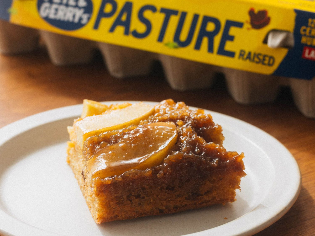 Caramel Apple Upside-Down Cake made with Pete & Gerry's Pasture Raised eggs.