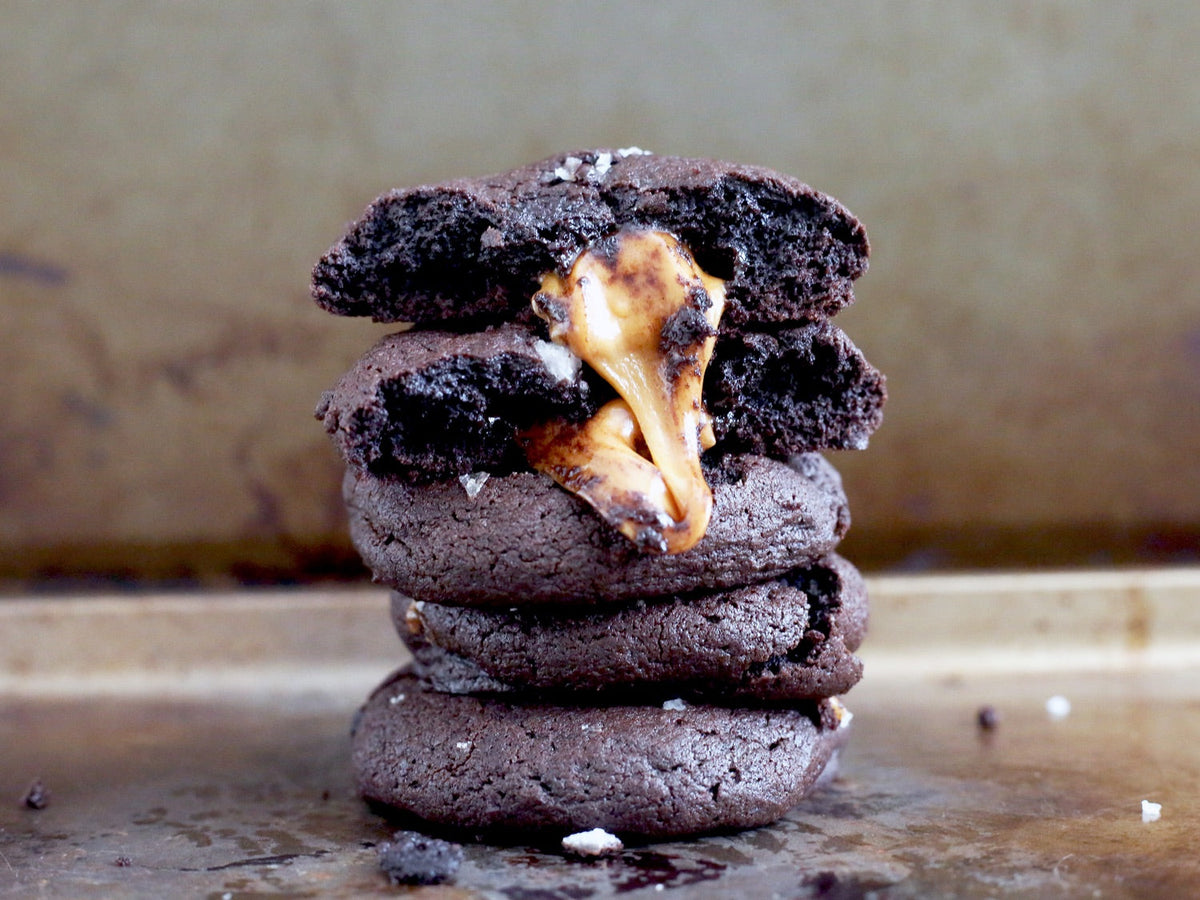 Caramel-Stuffed Chocolate Cookies with Sea Salt