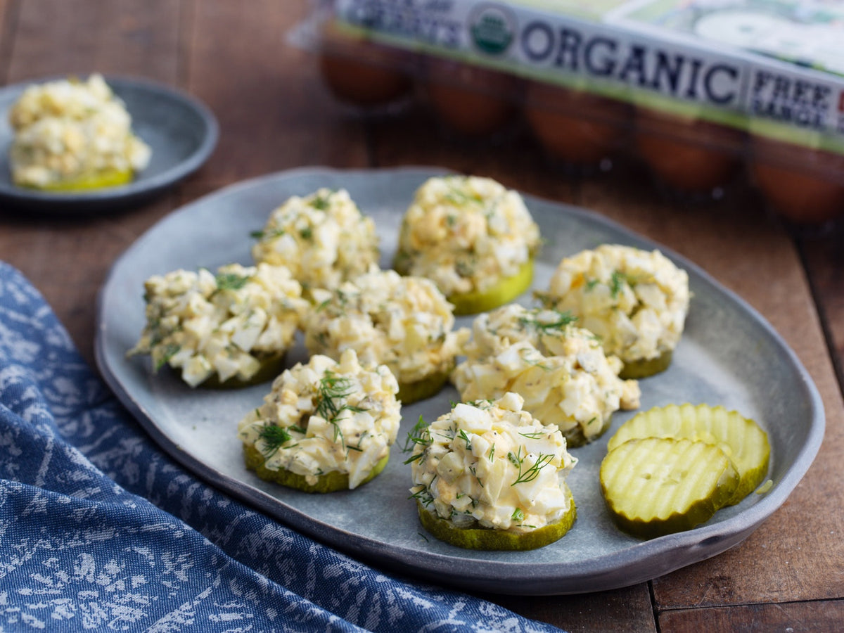 Keto diet-friendly Dill Pickle Egg Salad Bites.