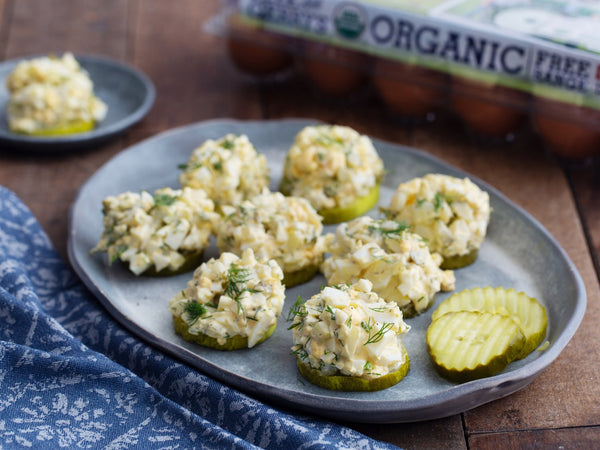 Keto diet-friendly Dill Pickle Egg Salad Bites.