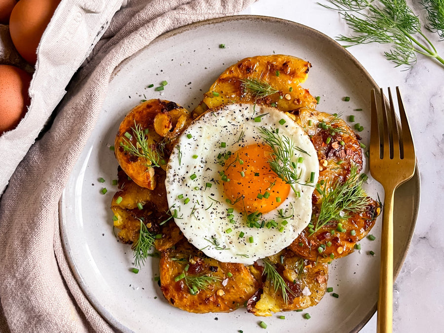 Crispy Hot Honey Smashed Potatoes With Fried Eggs