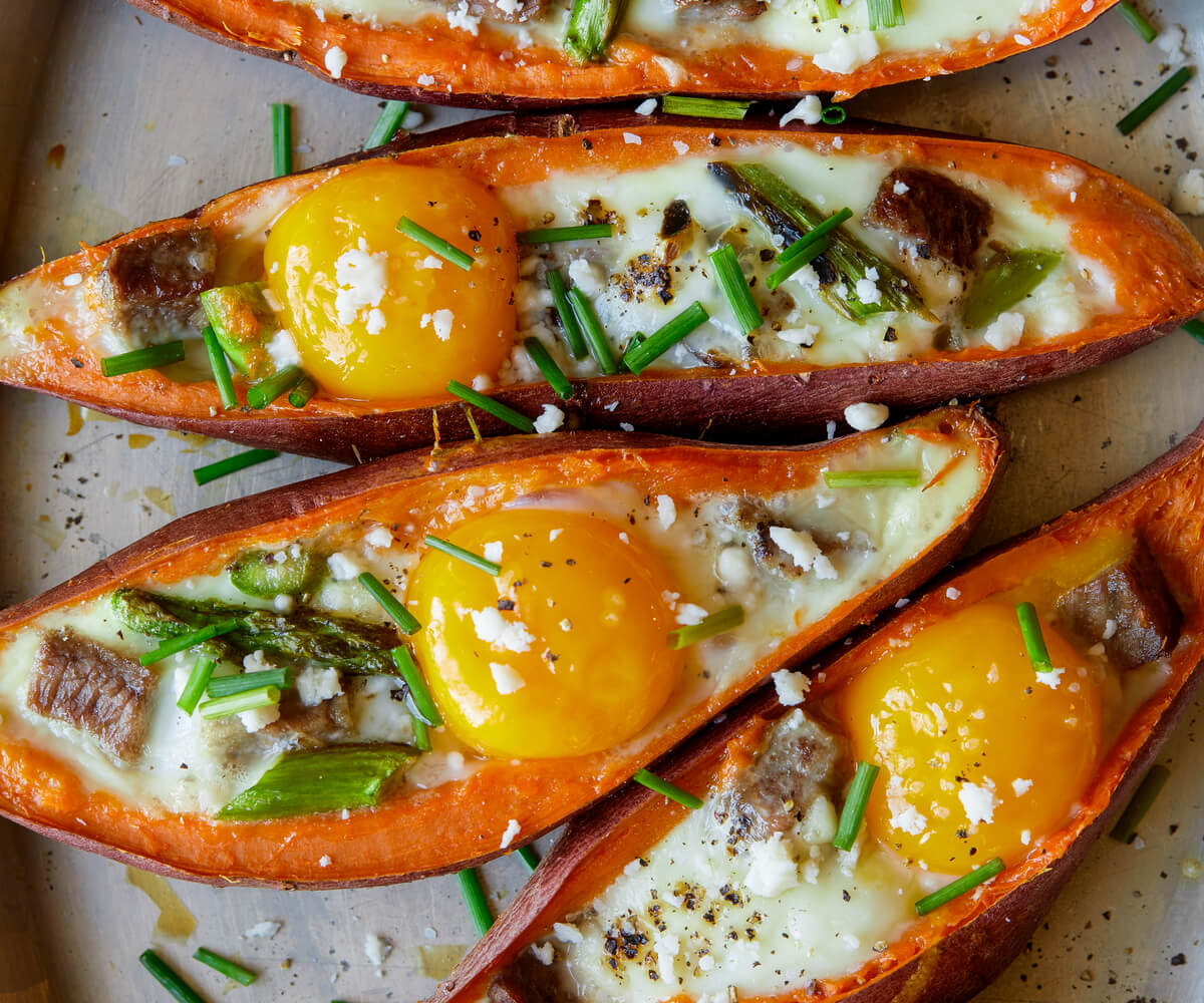 Twice Baked Steak and Egg Sweet Potatoes
