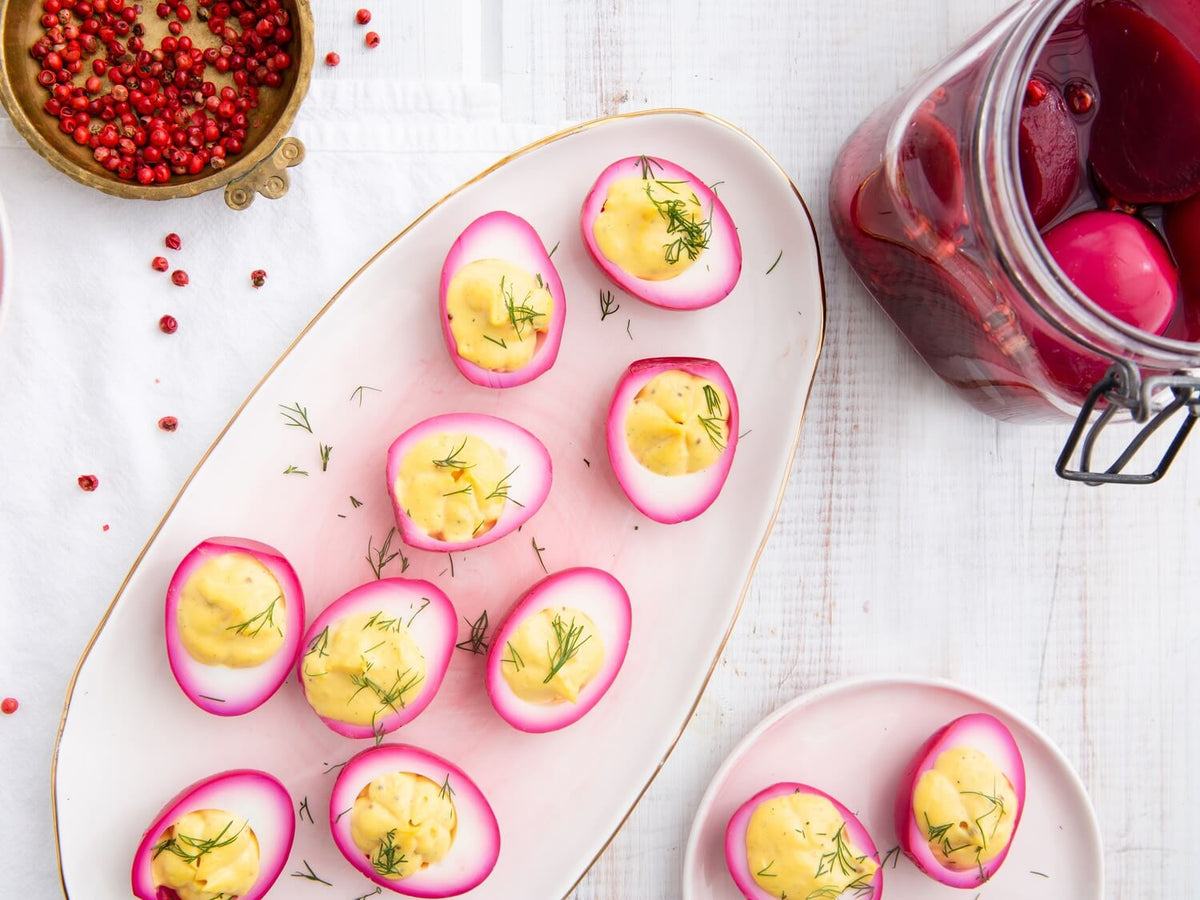 A plate of beet-pickled deviled eggs.