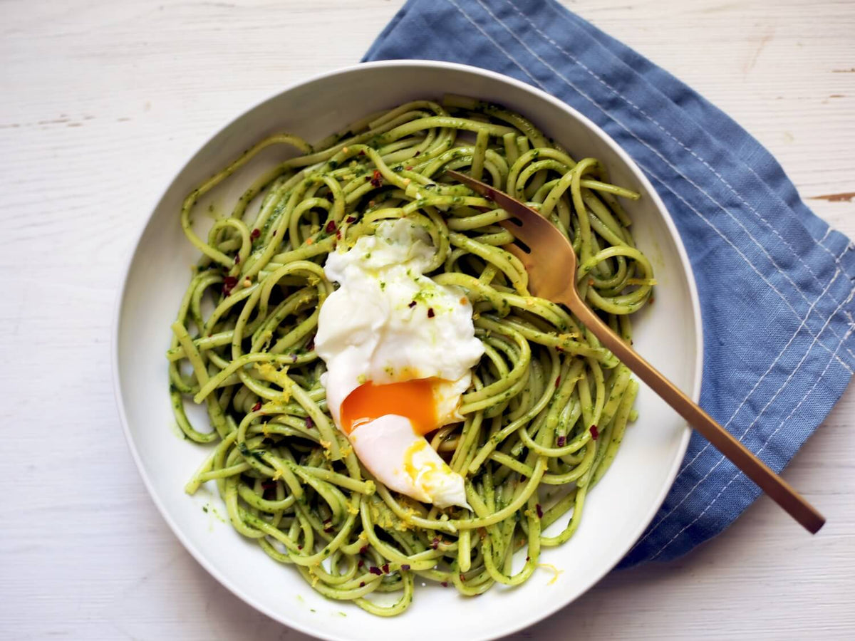 CBD Pesto Pasta with Poached Egg Recipe