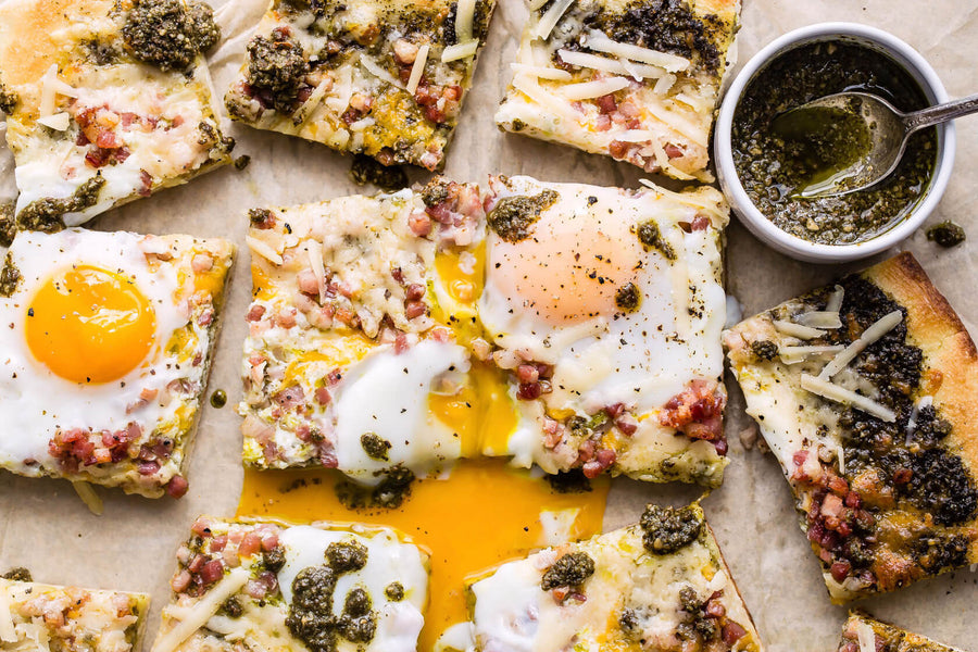 Grilled Pesto Flatbread with Pancetta and Eggs Recipe