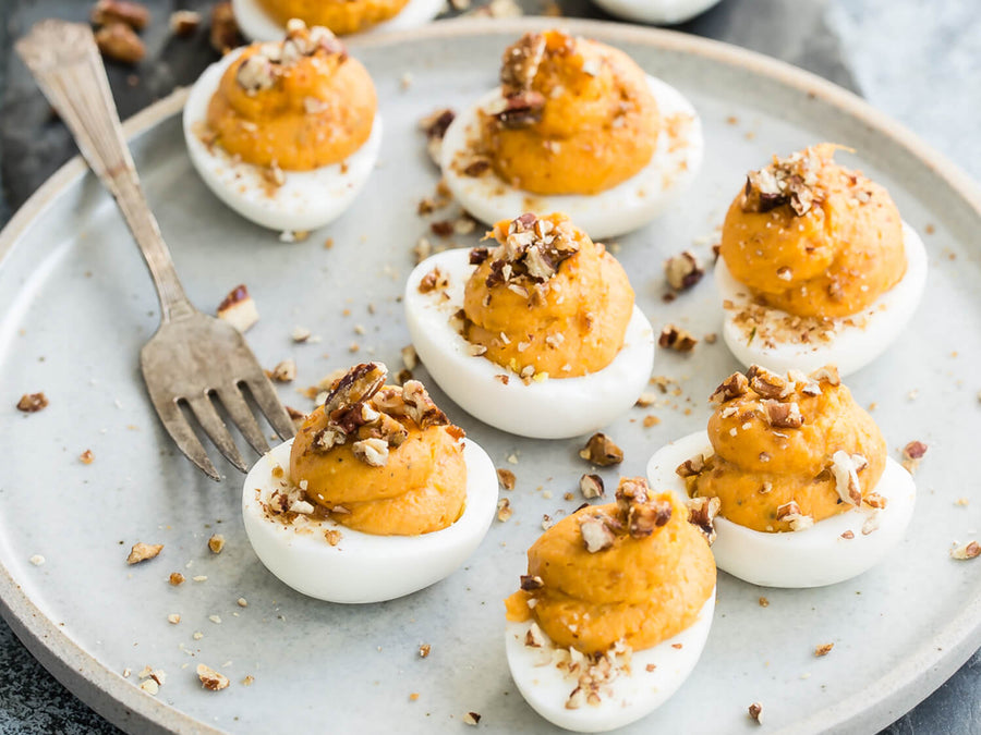 Sweet Potato Deviled Eggs with Candied Pecans