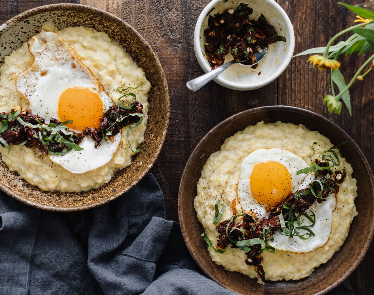 Sweet Corn Polenta with Fried Egg and Sun-Dried Tomato Relish