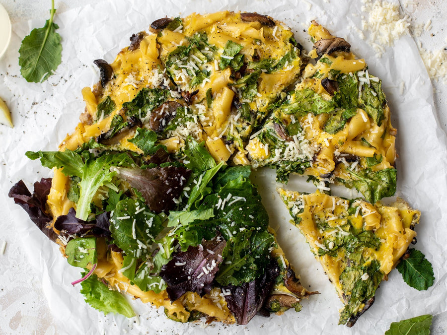 Parmesan Pasta Frittata with Spring Greens