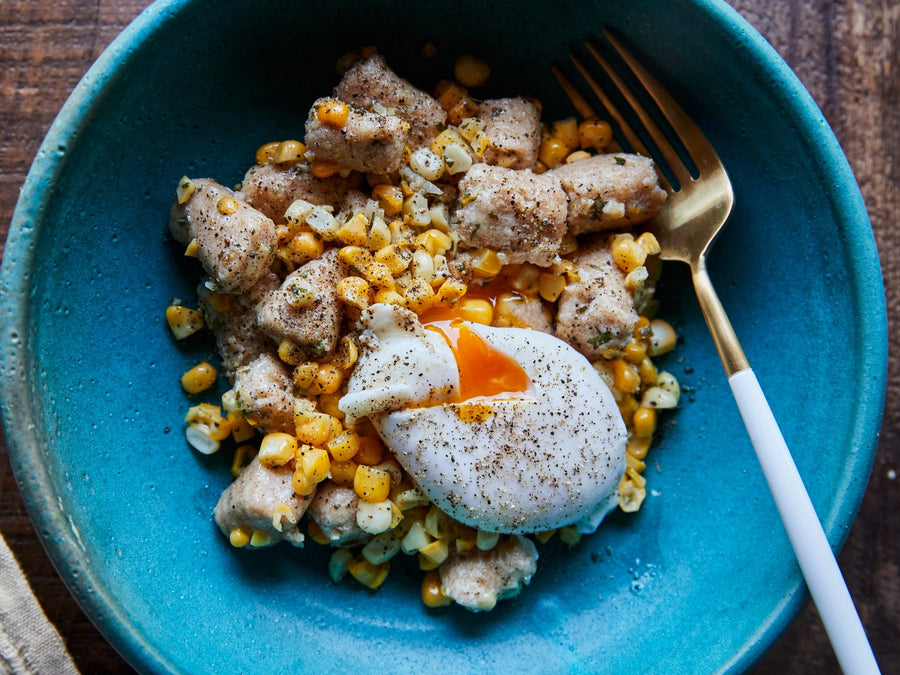Ricotta Gnocchi With Rosemary, Sweet Corn, and Poached Egg