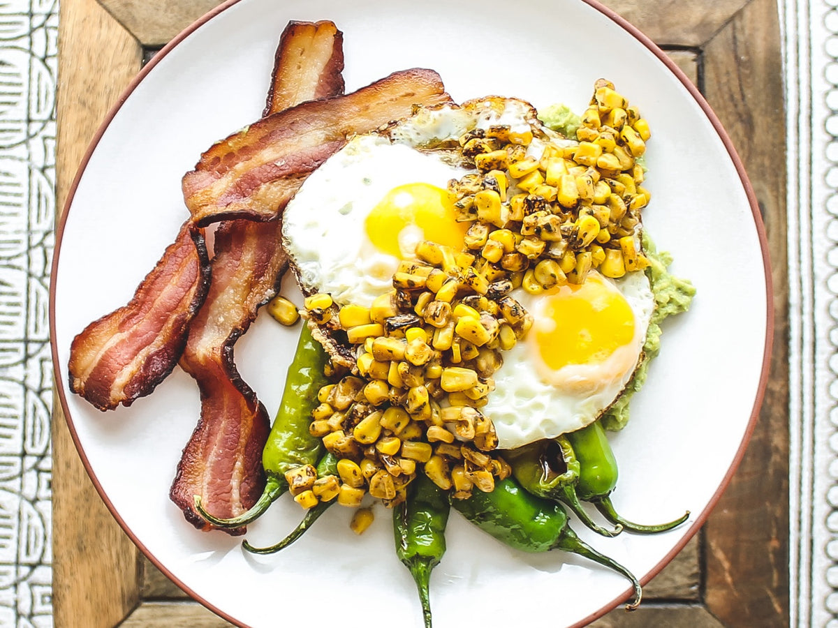 Fried Eggs With Roasted Corn and Blistered Shishito Peppers