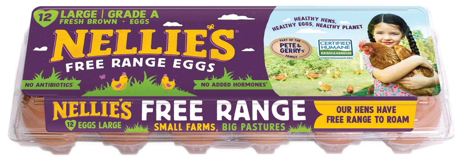 Nellie's Free Range Eggs packaging with a purple label and chicken image.