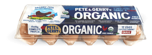 A plastic carton of Pete & Gerry's eggs organic free range 