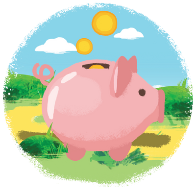 graphic of piggy bank with coins falling into it in open field outside pete & gerry's organic eggs