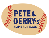 A logo for Pete & Gerry's Home Run Eggs (baseball stitching printed on an egg)