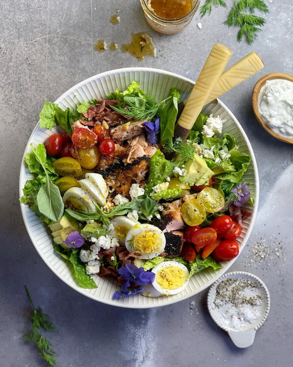 A mixed salad with hard-boiled eggs pete and gerry's organic eggs