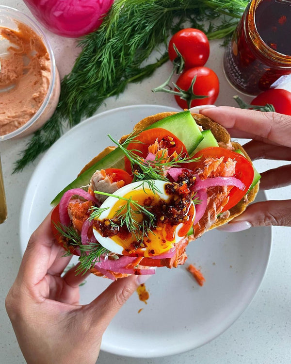 A dish of assorted vegetables and a hard boiled egg pete and gerry's organic eggs