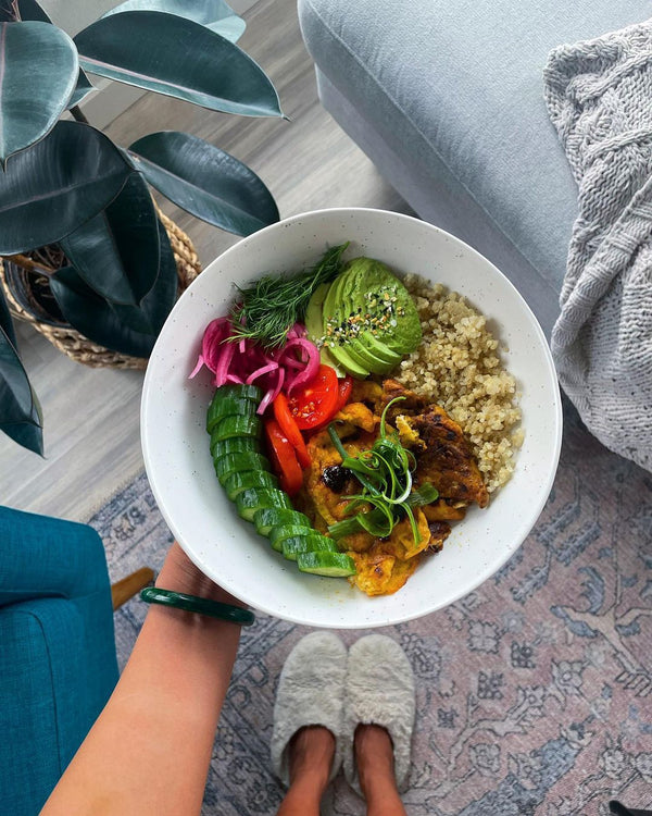 A dinner bowl of grains and assorted vegetables pete and gerry's organic eggs
