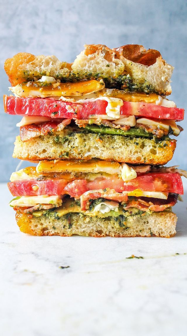stacked sandwich with egg tomato pesto pete and gerry's organic eggs