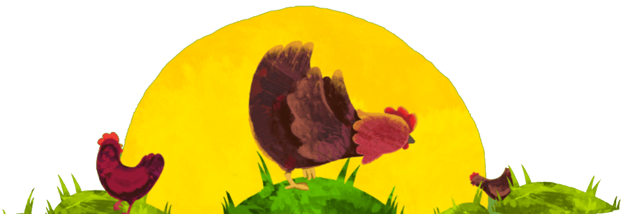 Illustrated chickens in front of a sun