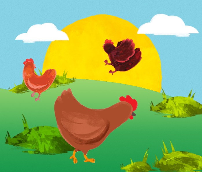 A colored graphic of brown chickens in front of the sun