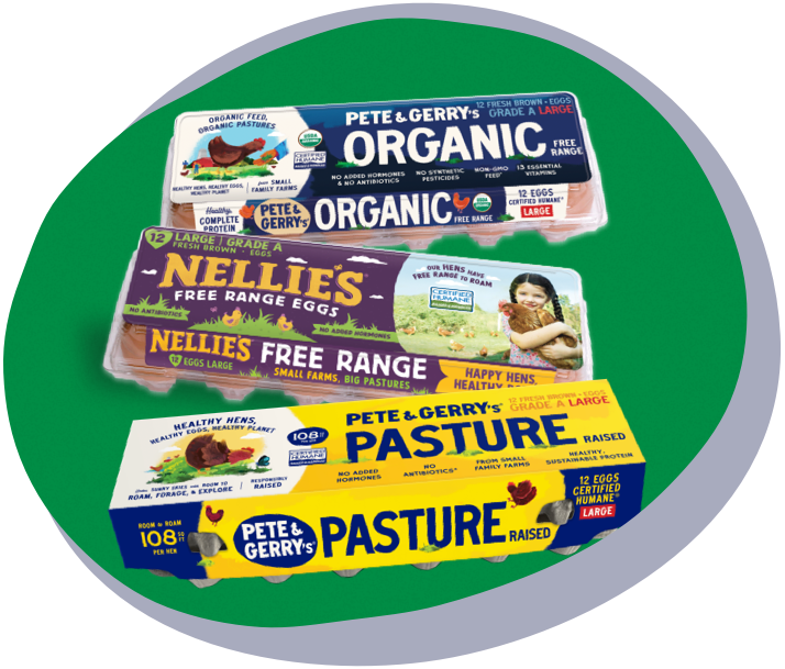 cartons of pete & gerry's organic eggs, nellie's free range eggs, pete & gerry's pasture raised eggs
