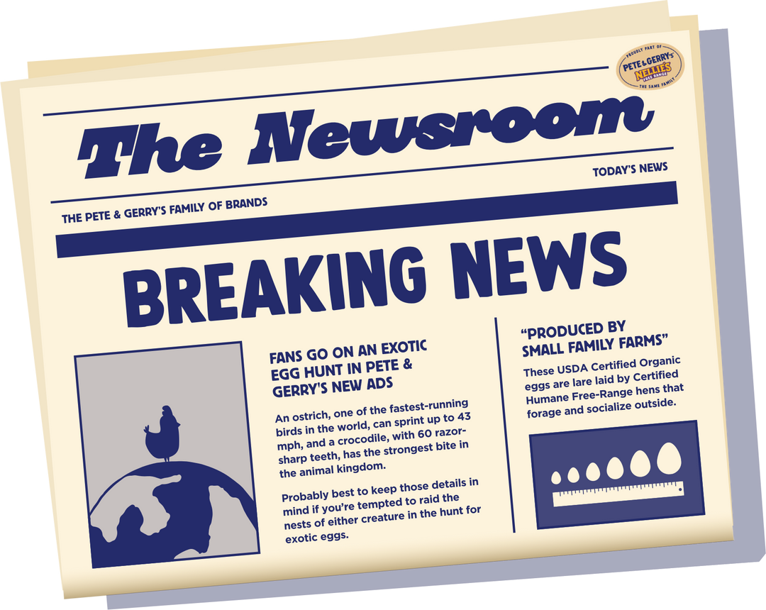 graphic of newspaper breaking news pete & gerry's organic eggs nellie's free range eggs