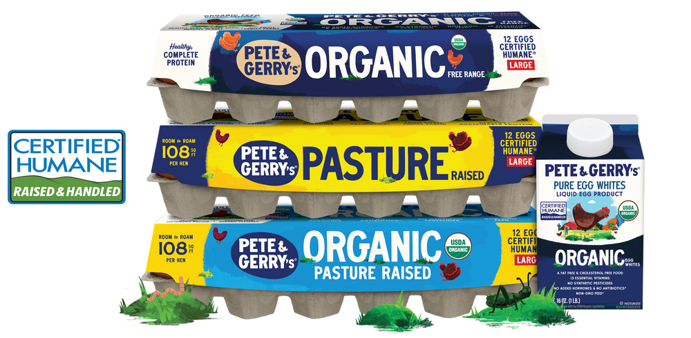 Three stacked cartons of Pete & Gerry's eggs: Pete & Gerry's Organic Free Range, Pete & Gerry's Pasture Raised, and Pete & Gerry's Organic Pasture Raised plus a carton of Organic Liquid egg whites, plus a large Certified Humane badge.