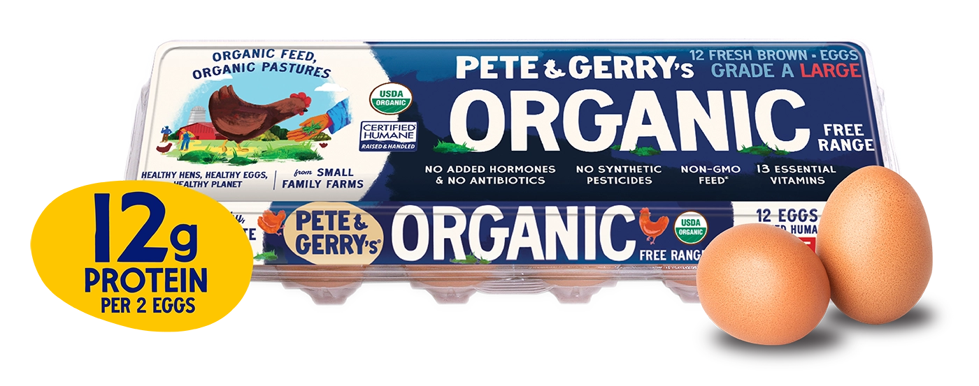 Pete & Gerry's Organic eggs packaging with two eggs on a white background