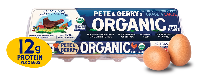 Pete & Gerry's Organic eggs packaging with two eggs on a white background