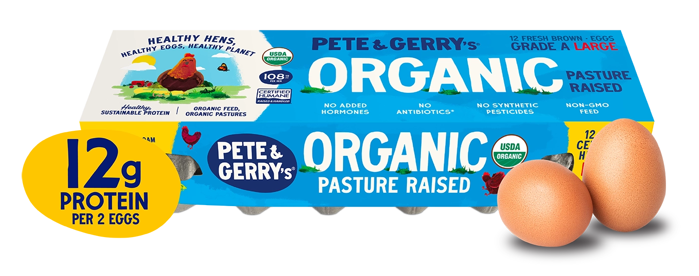 Pete & Gerry's Organic pasture-raised eggs packaging with protein information.