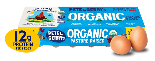 Pete & Gerry's Organic pasture-raised eggs packaging with protein information.