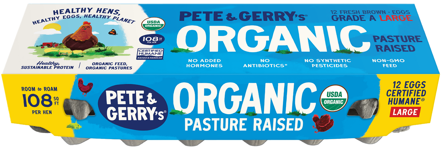 An 12-pack carton of Pete & Gerry's Organic Pasture Raised Eggs.