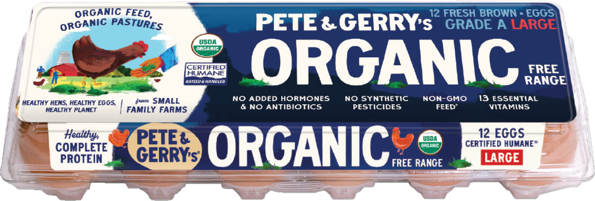 A carton of Pete & Gerry's Organic Eggs, indicating that they are fresh, free-range, and contain 12 eggs.