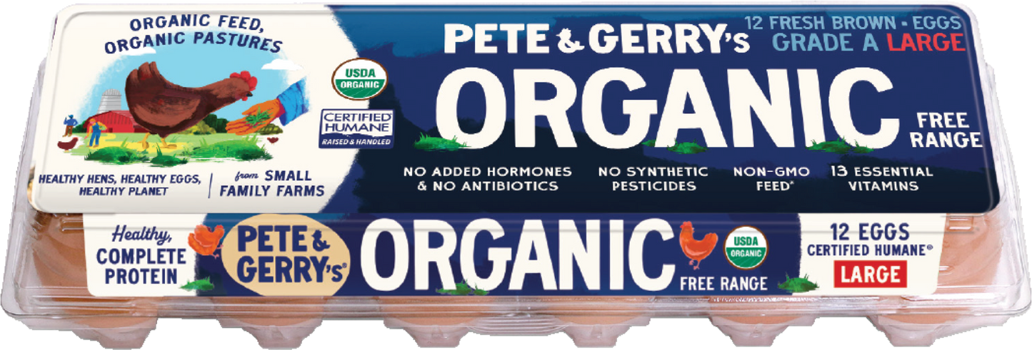 A carton of Pete & Gerry's Organic Eggs, indicating that they are fresh, free-range, and contain 12 eggs.