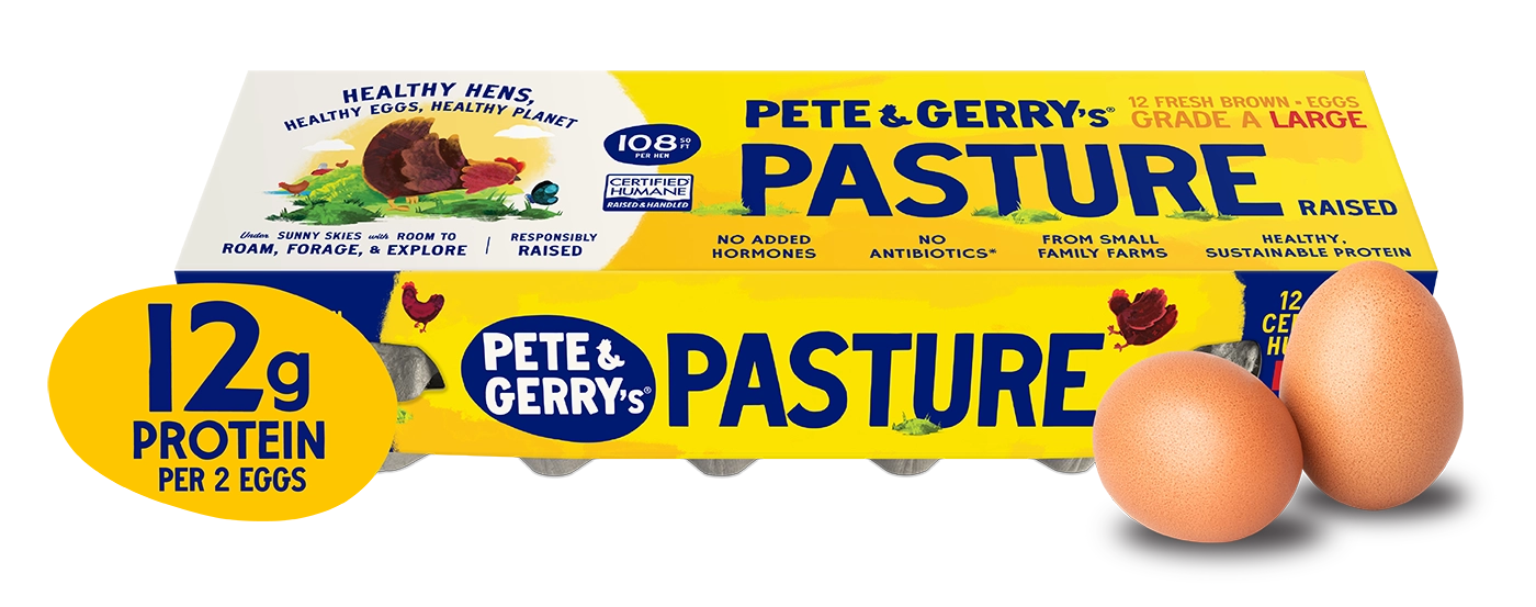 Pete & Gerry's Pasture Raised eggs packaging with two eggs